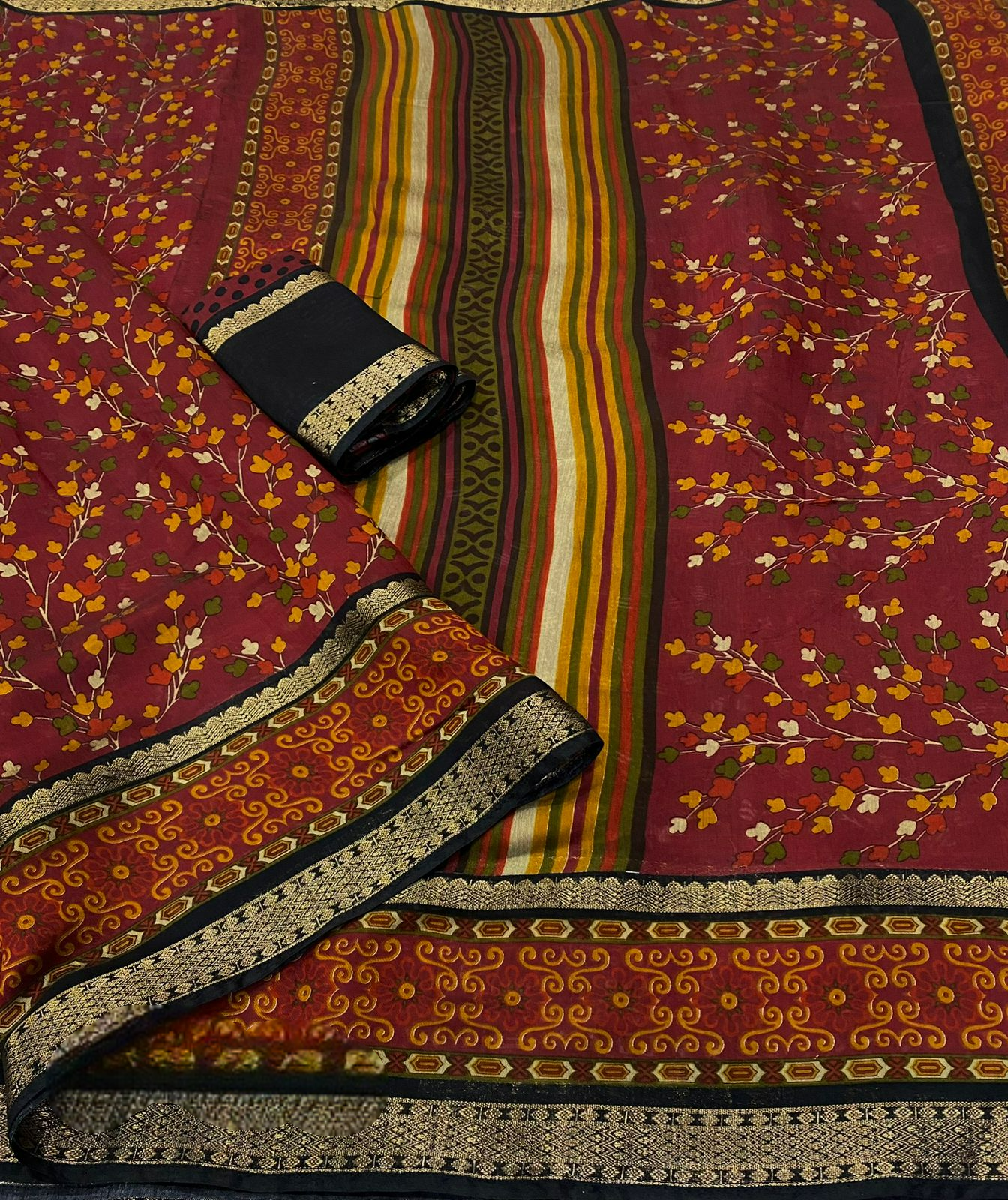 Mangalgiri Style Cotton Printed Saree - Maroon